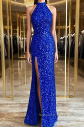 Royal Blue Sequin Halter Long Formal Dresses with Slit Semi Formal Dress